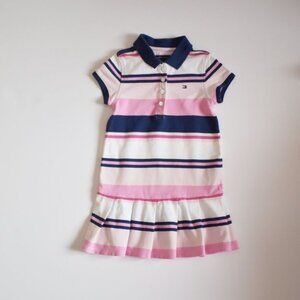 Tommy Hilfiger Navy Blue, White and Pink Striped Polo Pleated Dress Size 2T